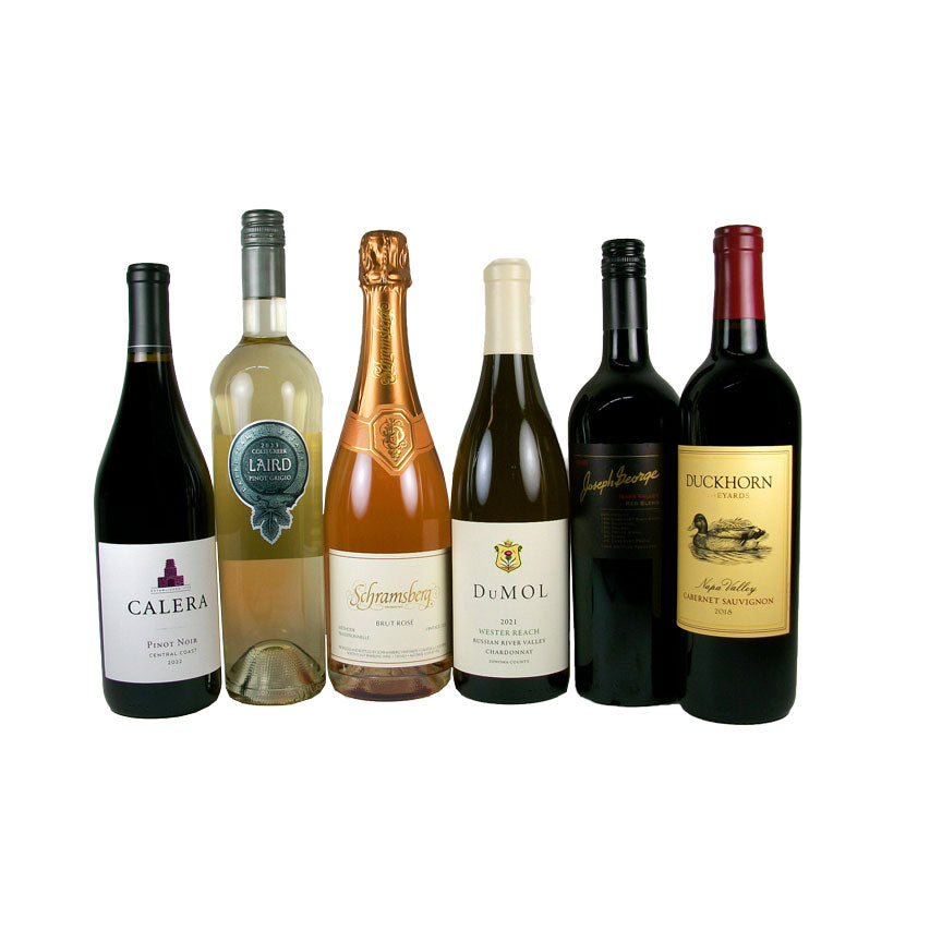 <ul> <li>Calera Pinot Noir</li> <li>Laird Pinot Grigio</li> <li>Schramsberg Rose</li> <li>DuMol Chardonnay</li> <li>Joseph George Red Wine</li> <li>Duckhorn Cabernet Sauvignon</li> </ul>