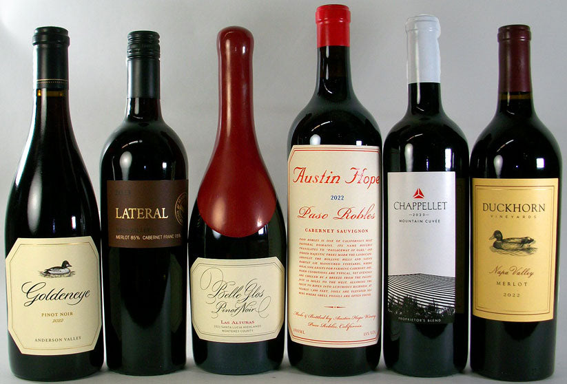 Duckhorn Merlot
Goldeneye Pinot Noir
Kathryn Kennedy Lateral
Austin Hope Cabernet Sauvignon 1L
Belle Glos Pinot Noir
Chappellet Mountain Cuvee