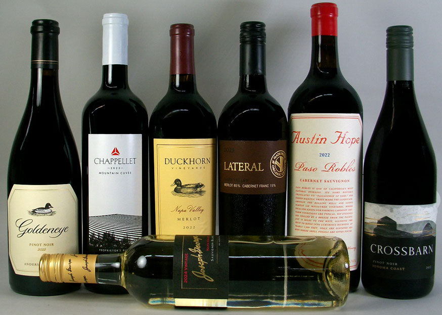 Duckhorn Merlot
Goldeneye Pinot Noir
Kathryn Kennedy Lateral
Austin Hope Cabernet Sauvignon 1L
Crossbarn Pino Noir
Chappellet Mountain Cuvee

+Joseph George Sauvignon Blanc
